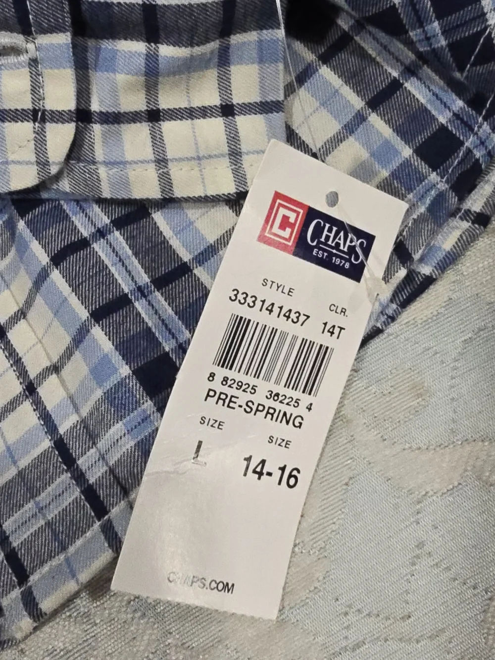 Chaps Ralph Lauren Kids Blue and White Plaid Button-Down Shirt Sz L 14-16 NWT